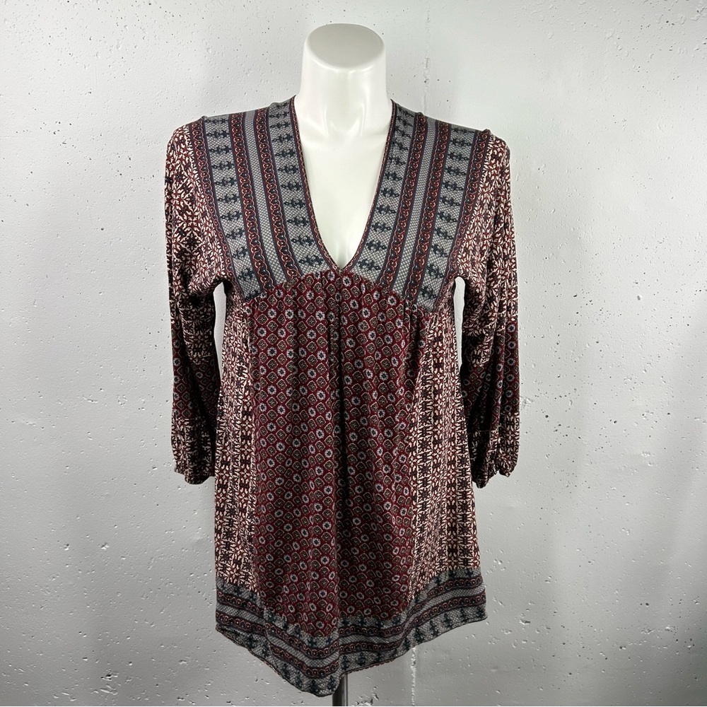 Umgee Women's Dark Red Mixed Print Babydoll Dress M